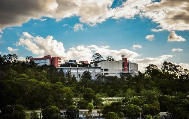 Prédio do Instituto de Ciências Exatas da UFJF visto do campus